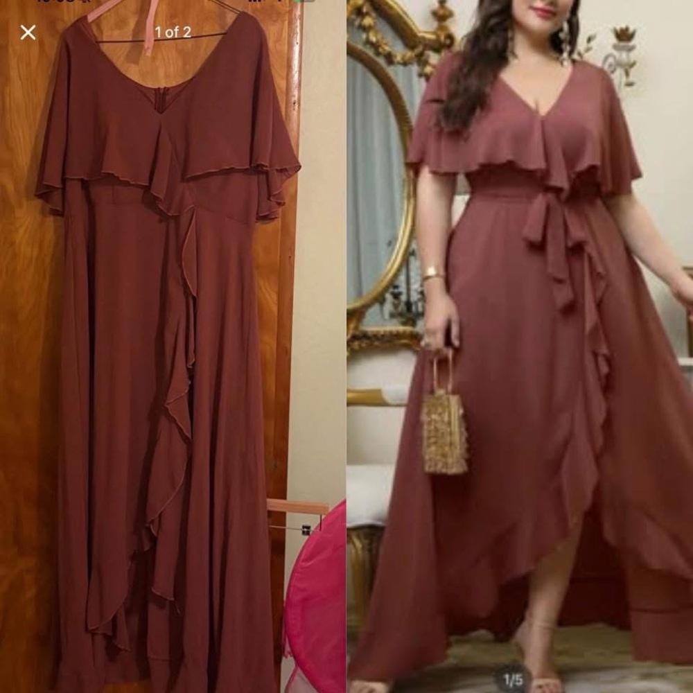 SHEIN Belle Plus Self Tie Ruffle Wrap Chiffon Bridesmaid Dress- color Redwood